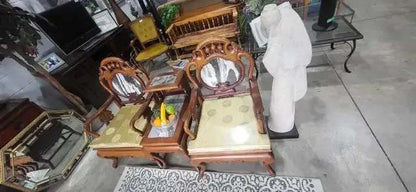 Vintage Chinese Carved Wood Chair Set with Marble Inlay