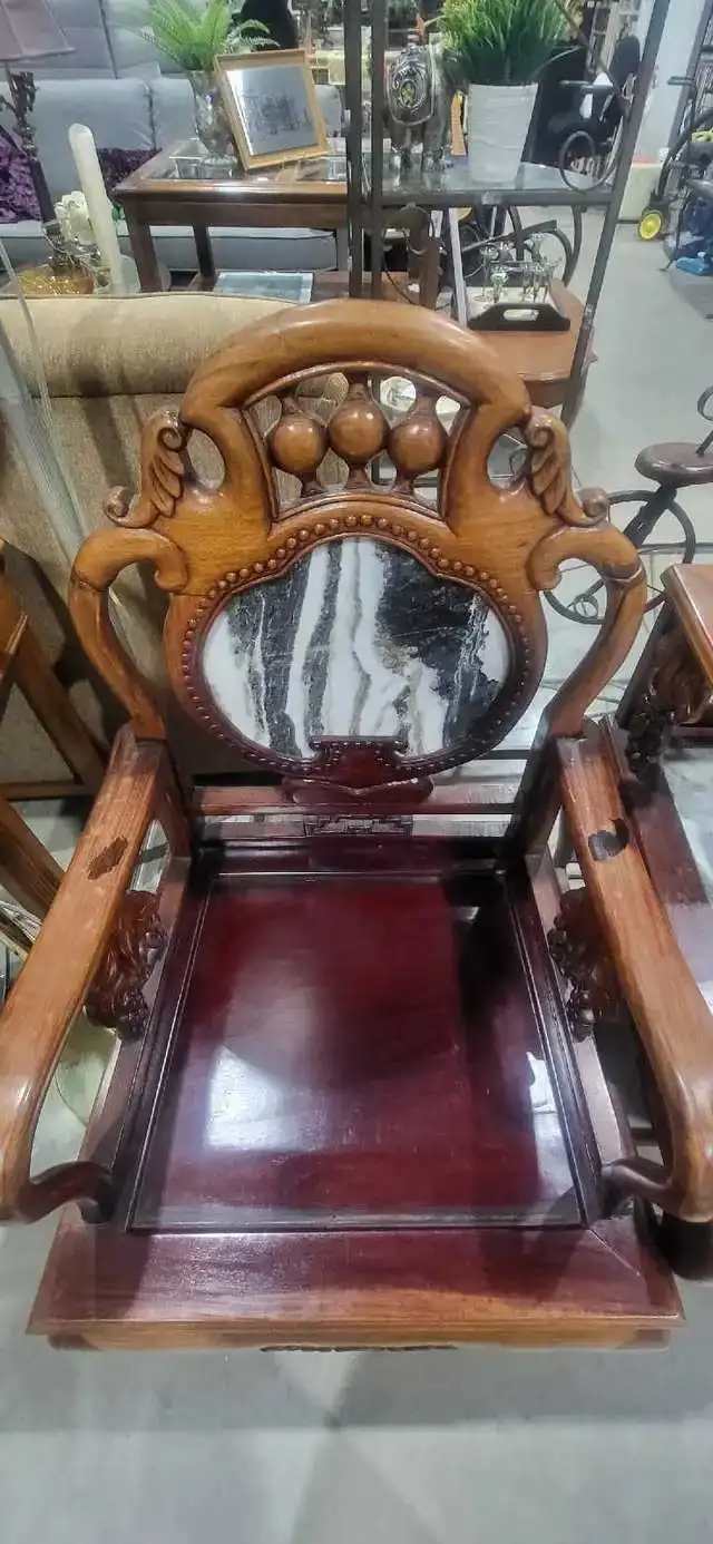 Vintage Asian Style Marble Inlay Chairs and Side Table