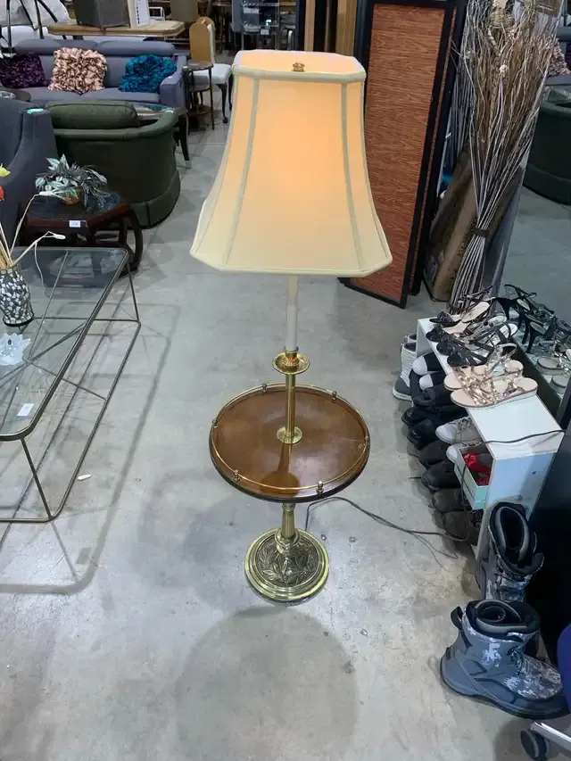 Vintage Brass Floor Lamp with Side Table