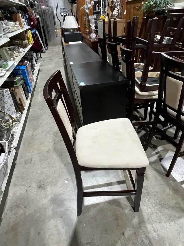 Bar Stools - Dark Wood and Cream Upholstery - 8 Available