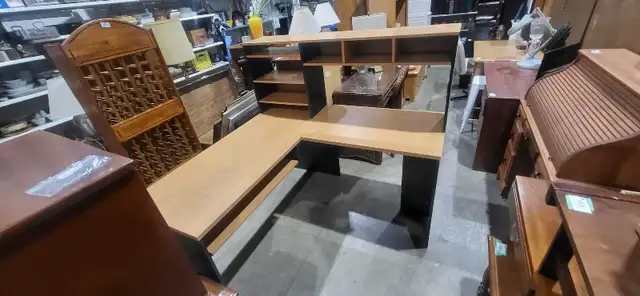 L-Shaped Computer Desk with Shelving hutch and keyboard