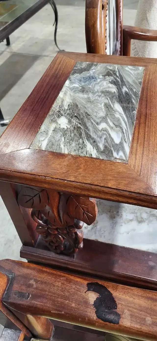 Vintage Chinese Carved Wood Chair Set with Marble Inlay