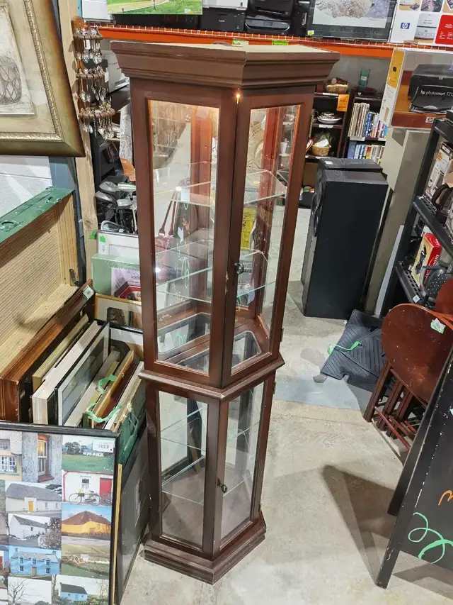 Dark Wood Hexagonal Curio Cabinet with Working Light