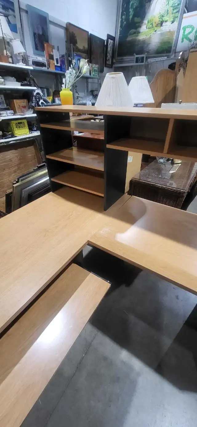 L-Shaped Computer Desk with Shelving hutch and keyboard