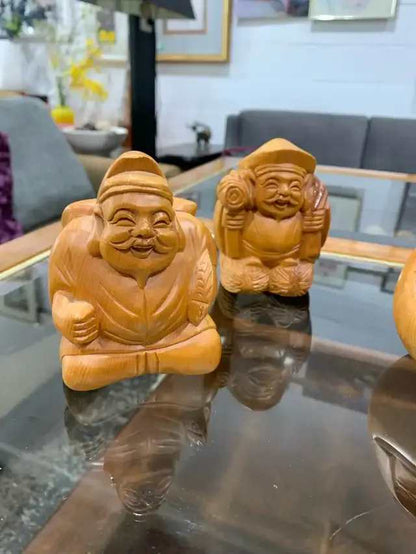 Japanese Hinoki Daikoku Hand Carved Wooden Figures, Hand Made