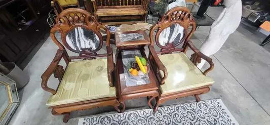 Vintage Chinese Carved Wood Chair Set with Marble Inlay