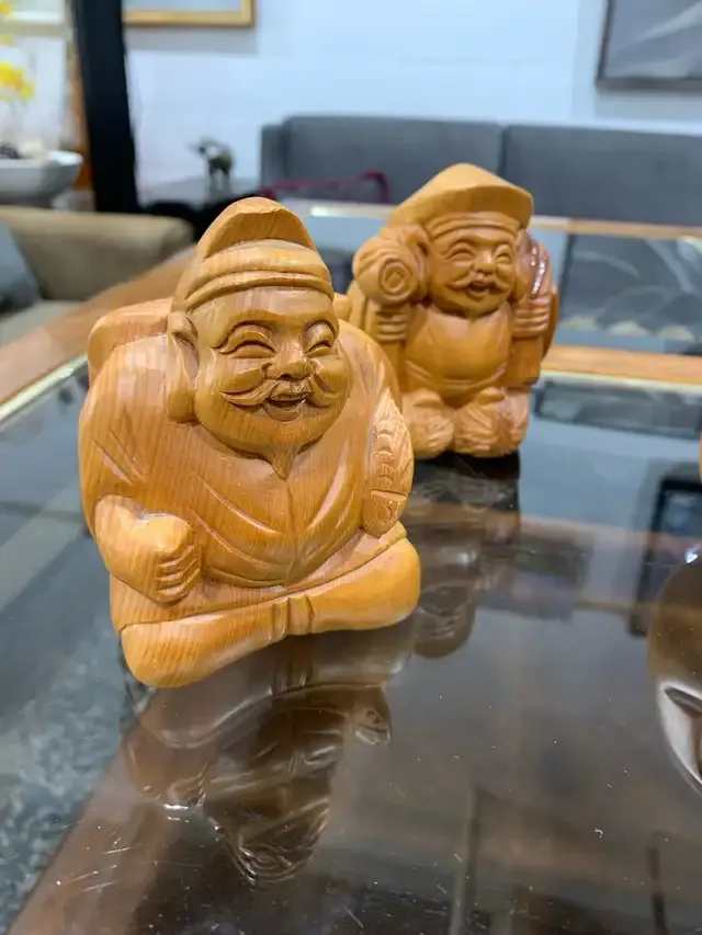 Japanese Hinoki Daikoku Hand Carved Wooden Figures, Hand Made