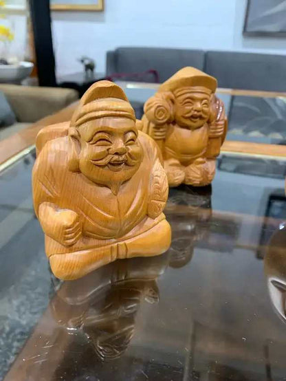 Japanese Hinoki Daikoku Hand Carved Wooden Figures, Hand Made