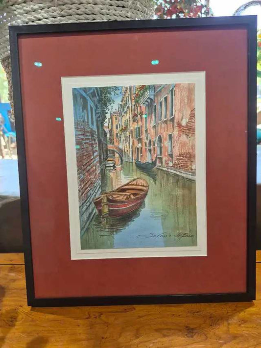 Saverio De Bello Venetian Canal Watercolor Framed Print Signed