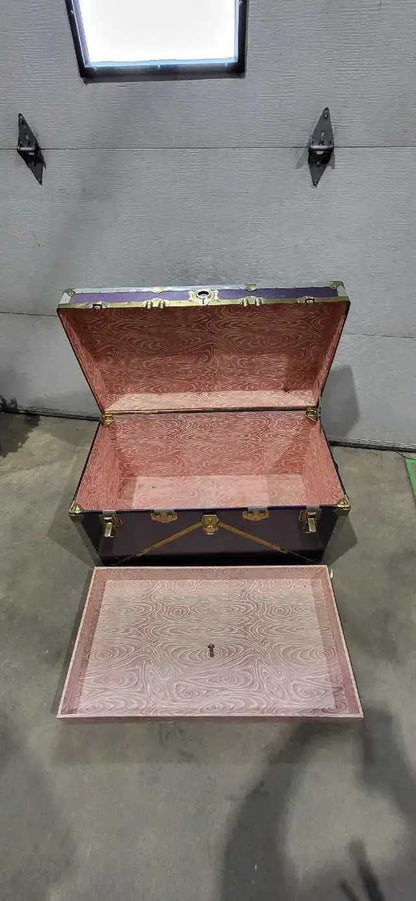 Vintage Style Storage Trunk with Top Tray - Blue with Red Lining