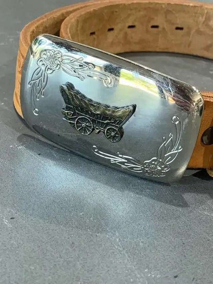 Western Leather Belt with Wagon Buckle - S/M