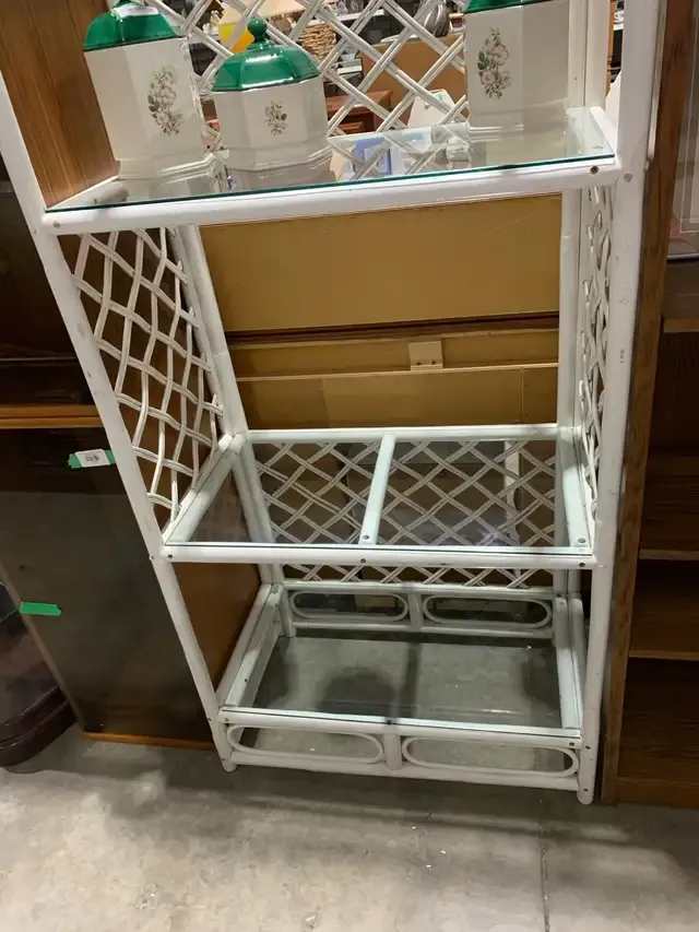 White Wicker/Rattan and Glass Display Shelving