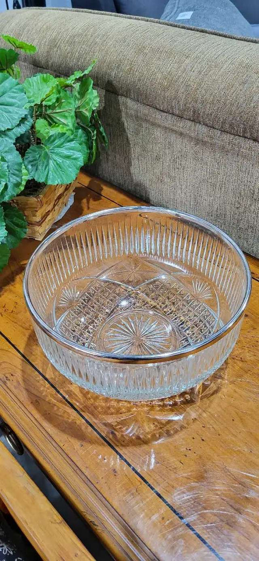 Crystal Serving Bowl with Metal Rim