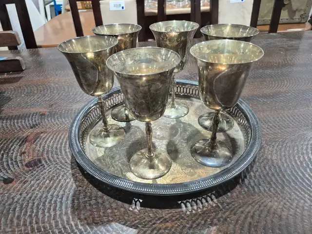 EP Brass Silver Plated Wine Goblets and Tray
