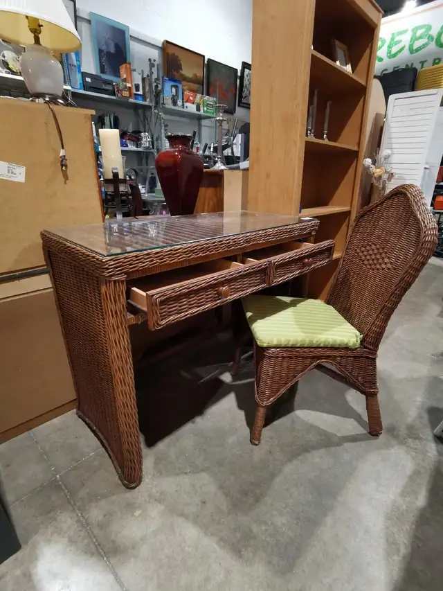 Wicker Rattan Vanity Desk with chair