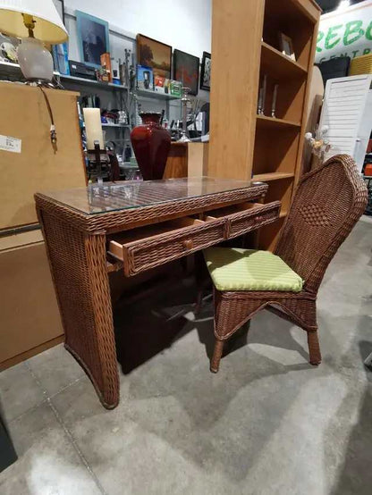 Wicker Rattan Vanity Desk with chair