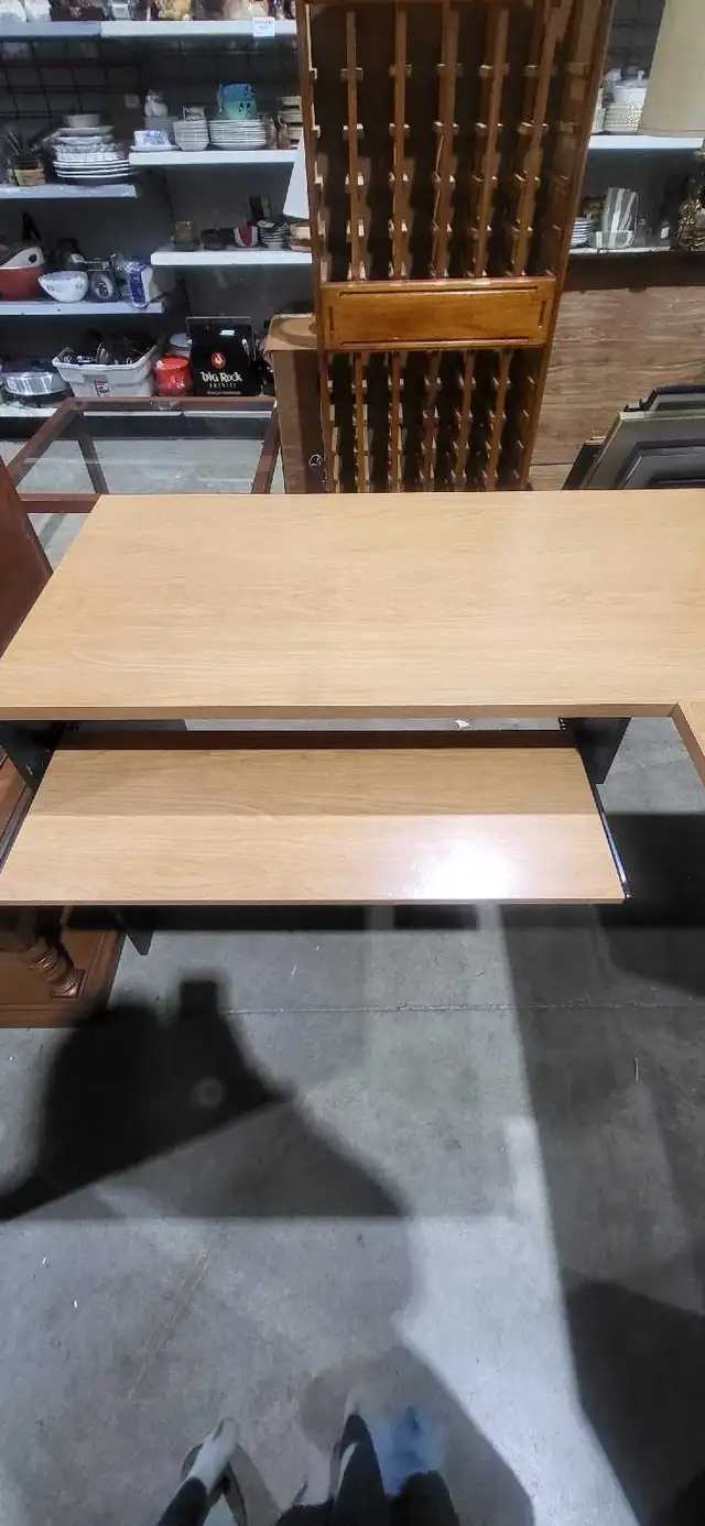 L-Shaped Computer Desk with Shelving hutch and keyboard