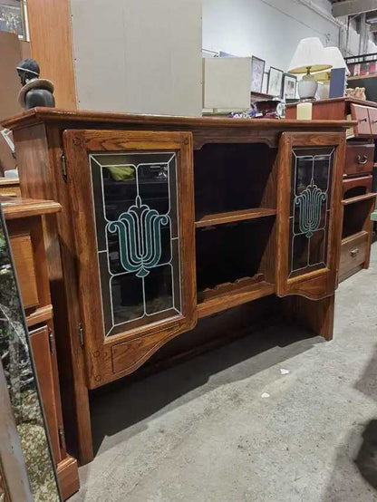 Oak Vaneer Buffet with Stained Glass Doors
