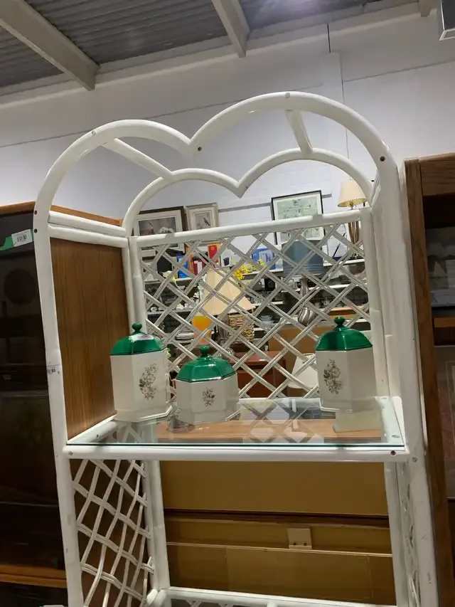 White Wicker/Rattan and Glass Display Shelving