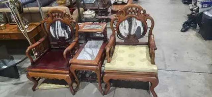 Vintage Asian Style Marble Inlay Chairs and Side Table
