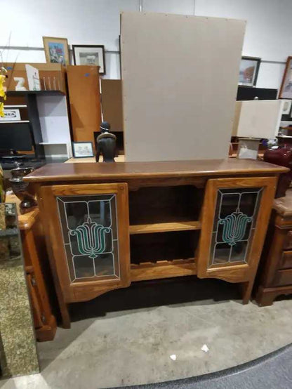 Oak Vaneer Buffet with Stained Glass Doors