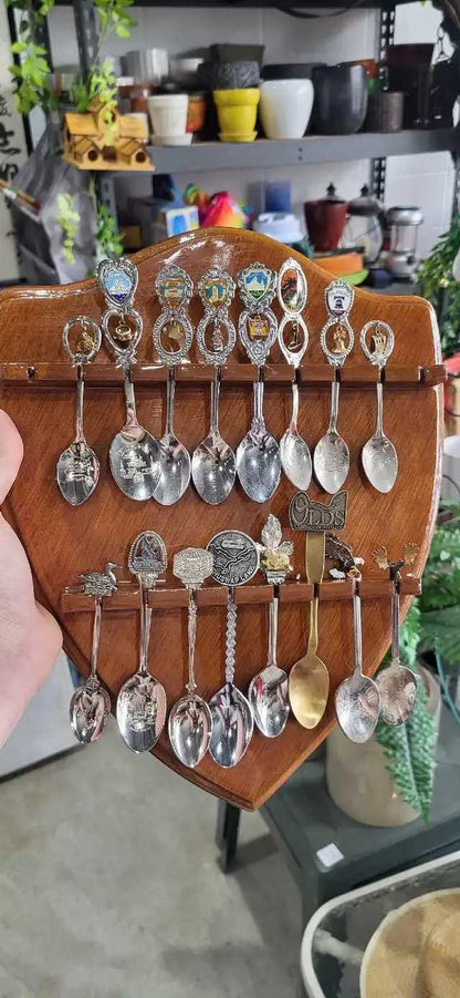 Souvenir Spoon Collection with Wooden Display Rack