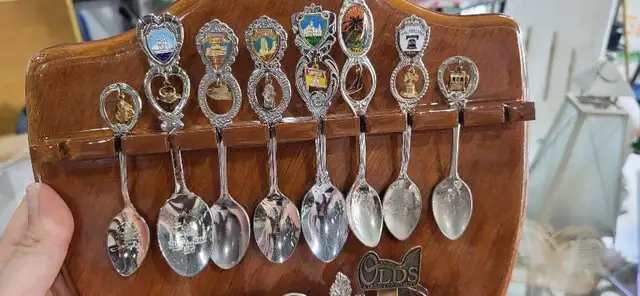 Souvenir Spoon Collection with Wooden Display Rack