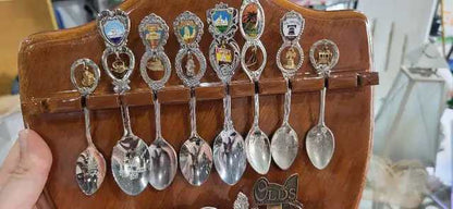 Souvenir Spoon Collection with Wooden Display Rack