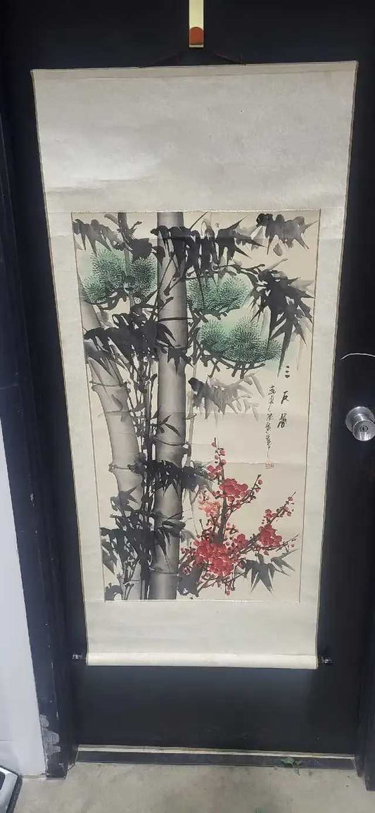 Bamboo and Plum Blossom Scroll Caligraphy Painting - Vintage