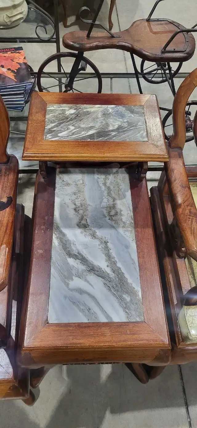 Oriental Style Chairs with Marble Inlay and Side Table