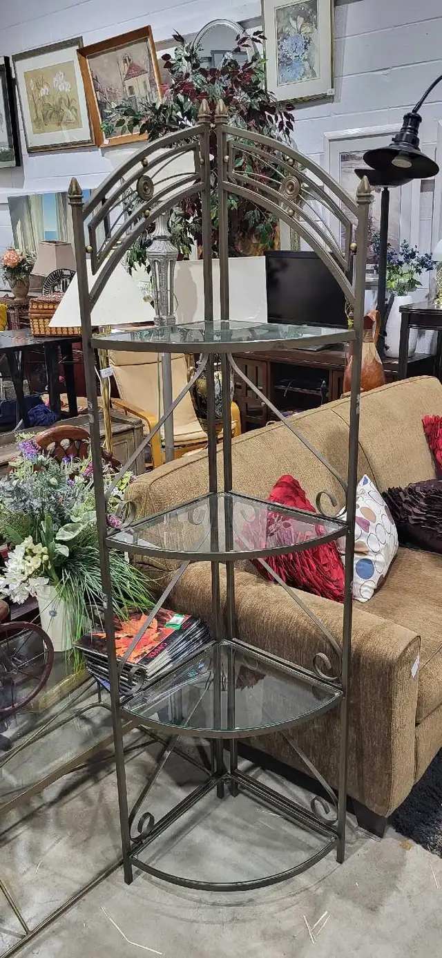 Corner Glass and Metal Shelving Unit