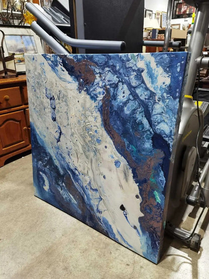 Large Blue Abstract Canvas Wall Art 40x40 inches