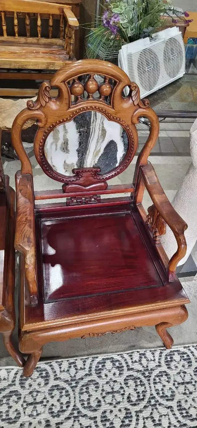 Vintage Chinese Carved Wood Chair Set with Marble Inlay