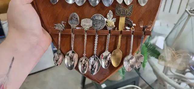 Souvenir Spoon Collection with Wooden Display Rack