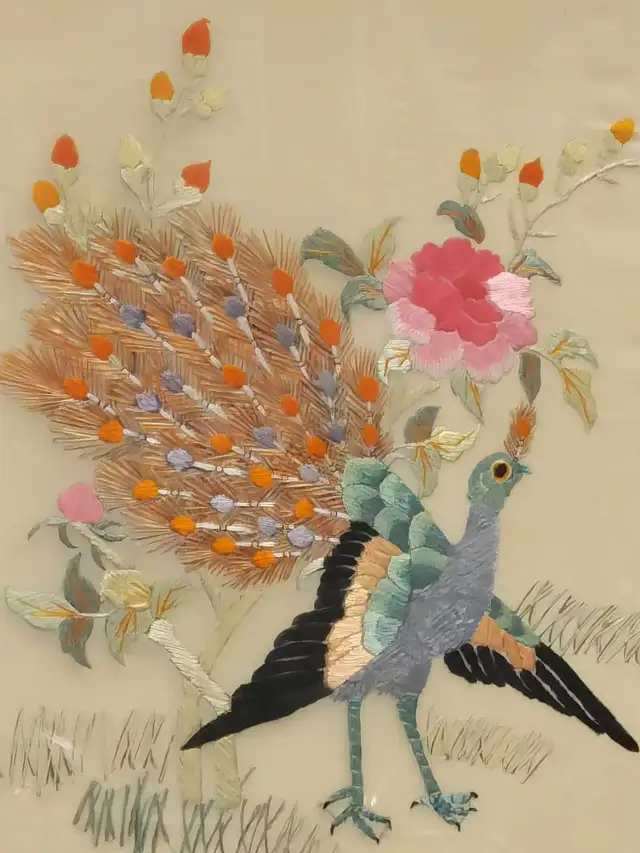 Vintage Peacock Silk Thread Embroidery Wall Art