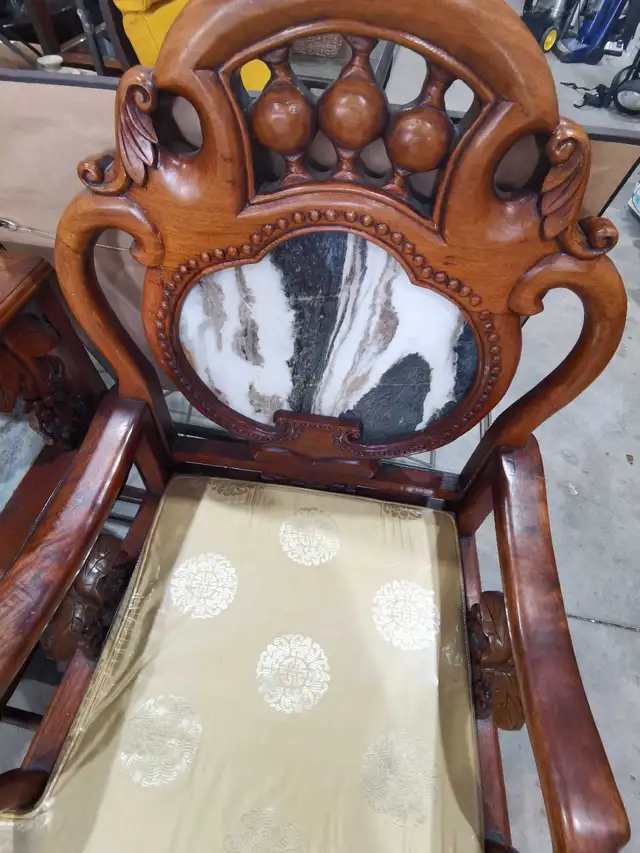 Asian Hardwood Armchairs with Marble Inlay