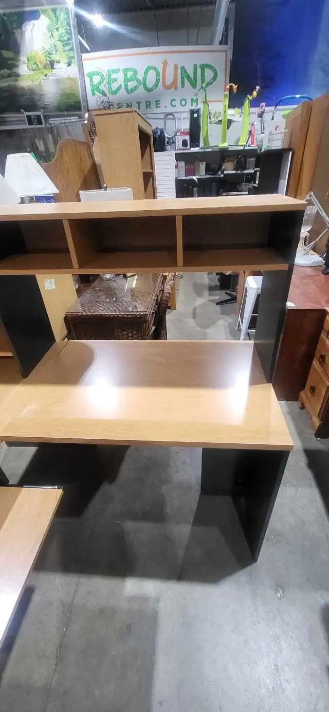 L-Shaped Computer Desk with Shelving hutch and keyboard
