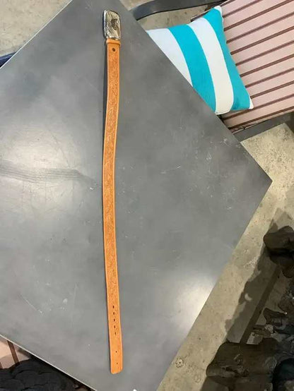 Western Leather Belt with Wagon Buckle - S/M