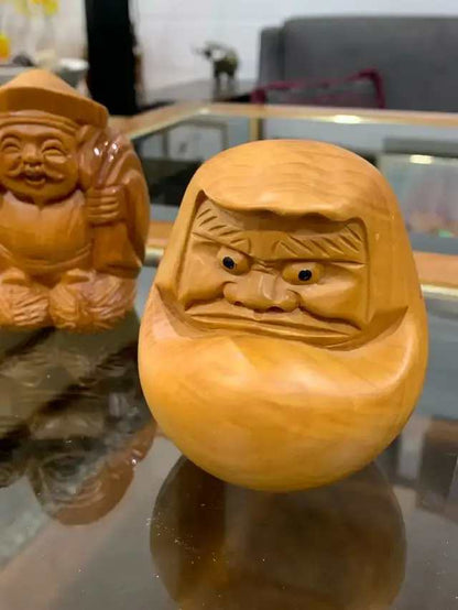 Vintage Hand-Carved Wooden Japanese Daruma Doll