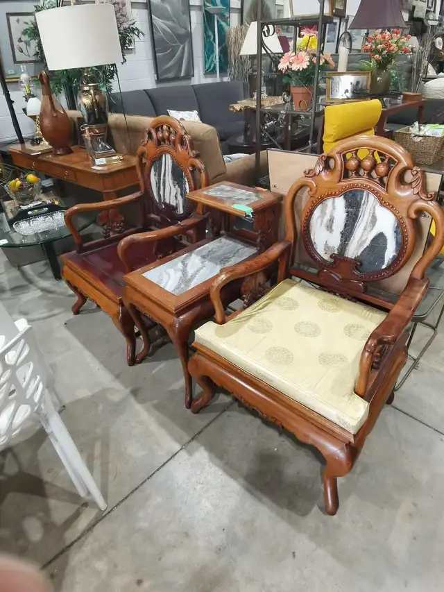 Asian Hardwood Armchairs with Marble Inlay