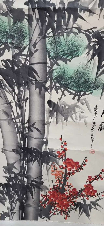 Bamboo and Plum Blossom Scroll Caligraphy Painting - Vintage