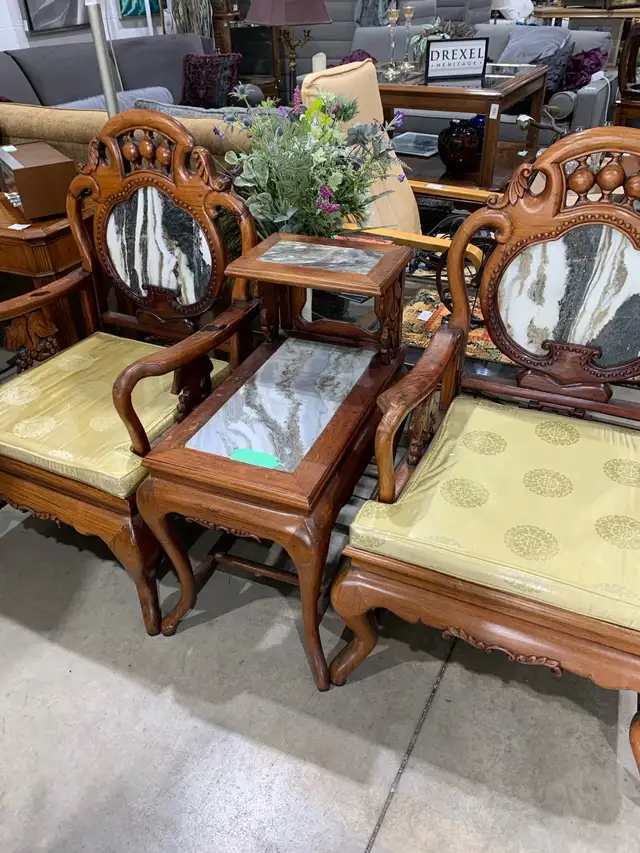 Vintage Hand-Carved Wood Accent Chairs and Table Set