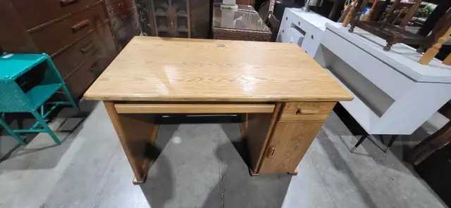 Oak Computer Desk with Cabinet and Cord Management