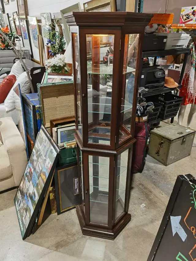 Dark Wood Hexagonal Curio Cabinet with Working Light