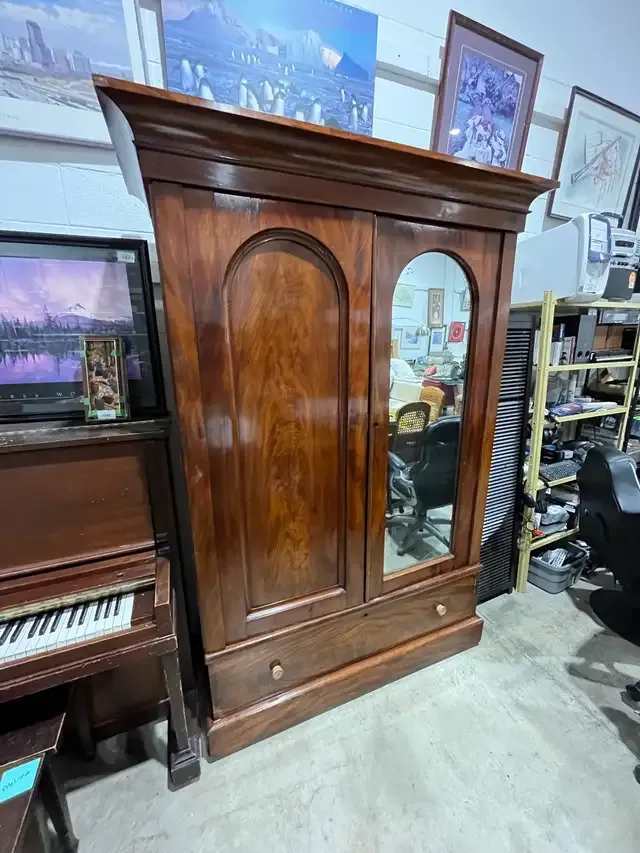 Antique Wardrobe Armoire with Arched Mirror Door