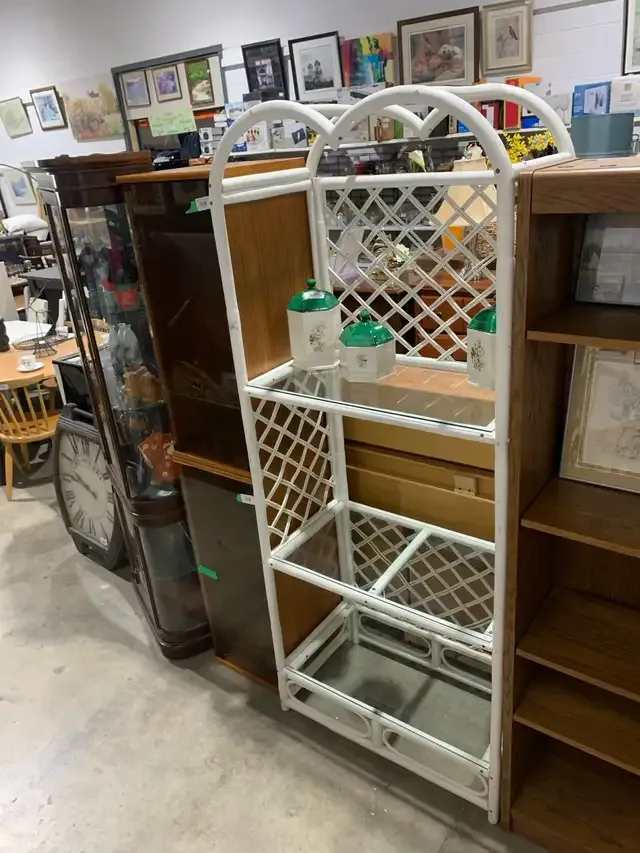 White Wicker/Rattan and Glass Display Shelving