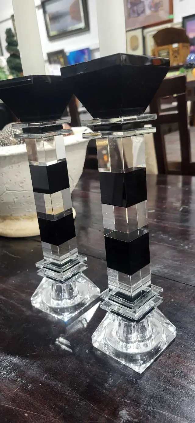 Crystal and Black Glass Candlestick Holders