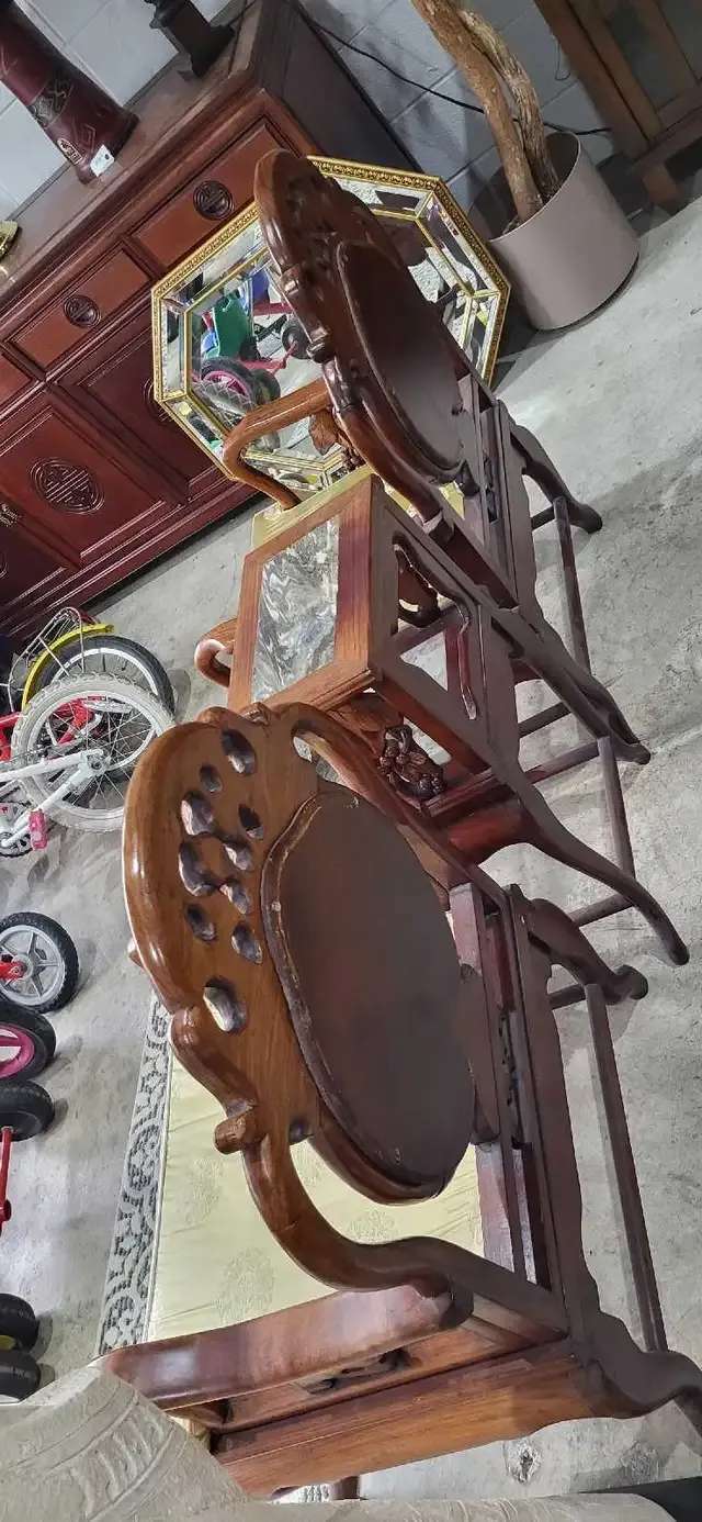 Vintage Chinese Carved Wood Chair Set with Marble Inlay