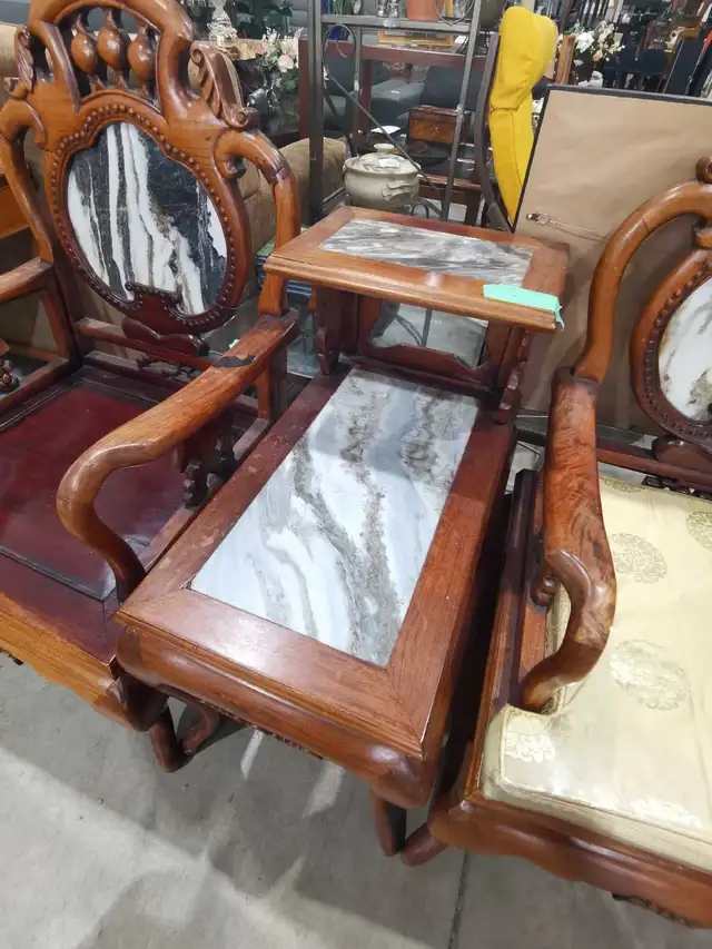 Asian Hardwood Armchairs with Marble Inlay