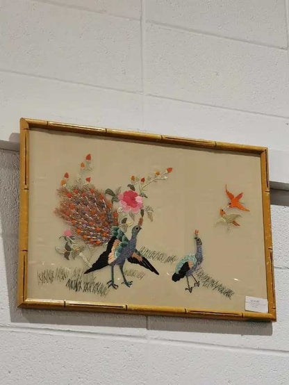 Vintage Peacock Silk Thread Embroidery Wall Art